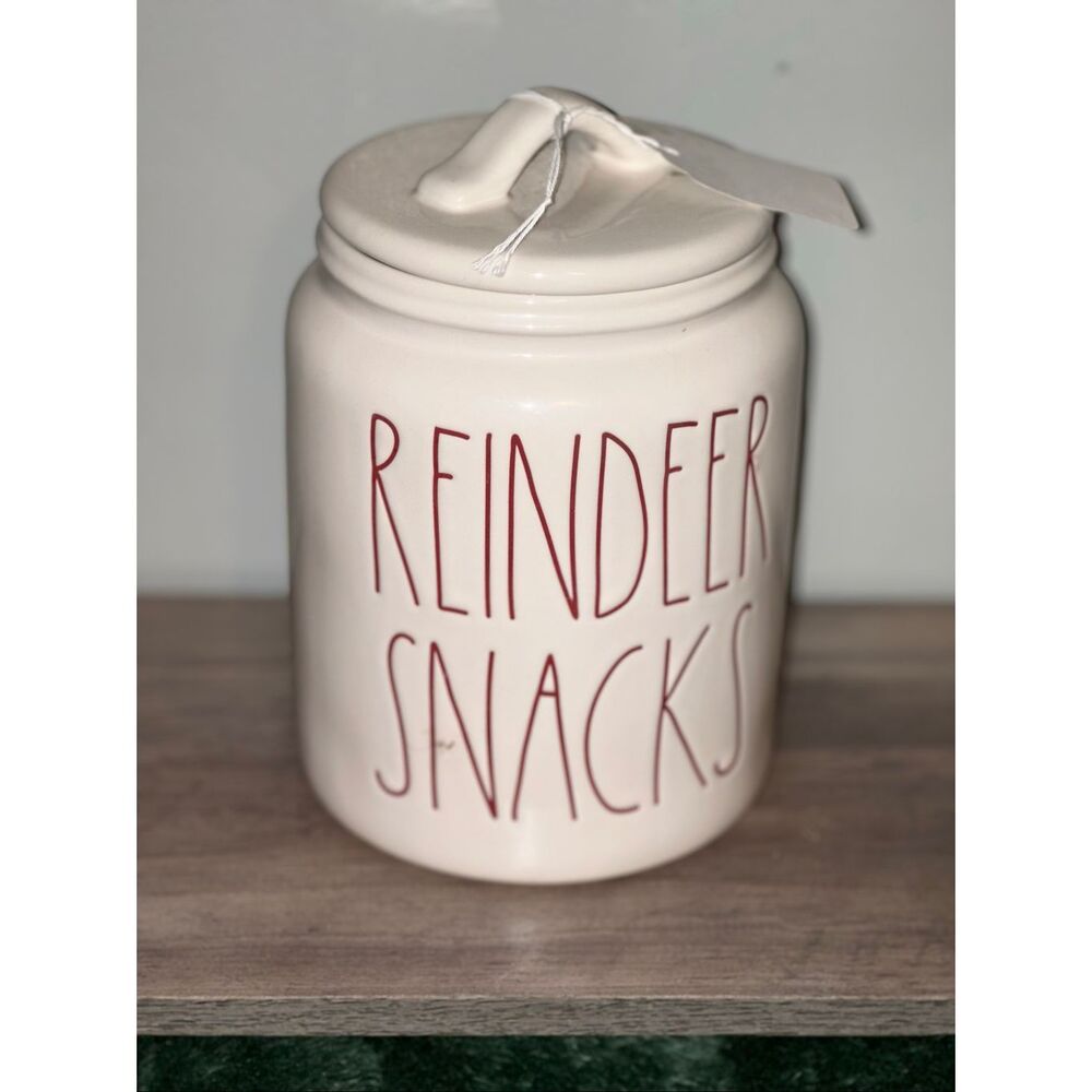 Rae Dunn Artesan Collection by Magenta Ceramic "REINDEER SNACKS" cookie Jar w/ L